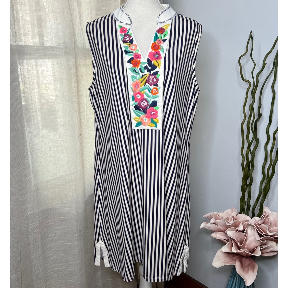 # Spartina 449 XXL Navy and Off-White Striped Dress with Floral Embroidery
